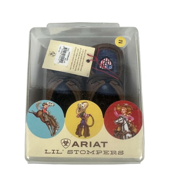 Ariat Lil Stompers Infant Baby Booties Size 2 Soft Sole Brown & Blue - Picture 1 of 7